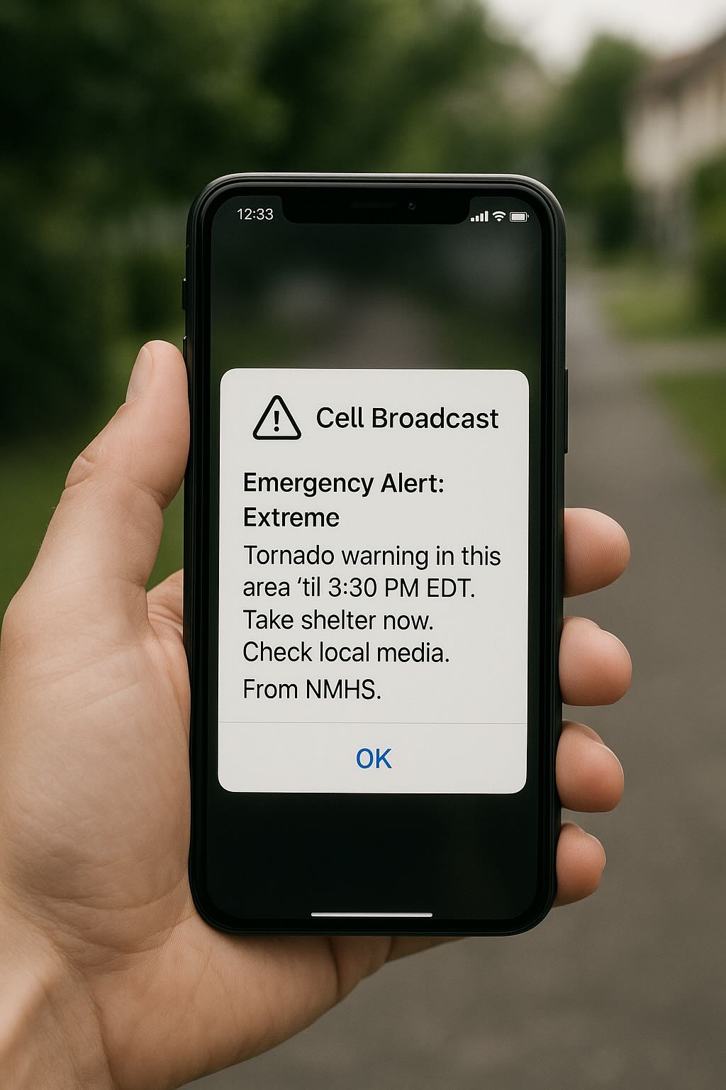 image of cell broadcast alert following Common Alerting Protocol message.
