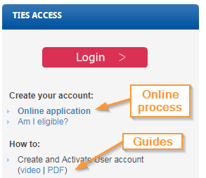 Screenshot of TIES services page with account creation link and guide highlighted