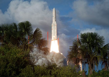 The Ariane 5 launch vehicle leaving Kourou Spaceport in French Guiana